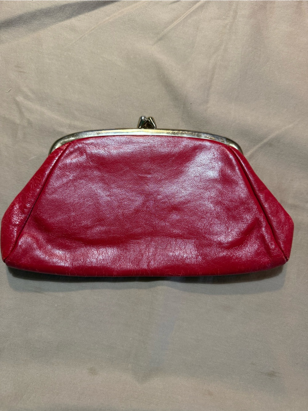 Vintage Red Leather Kiss-Lock Clutch With Chain